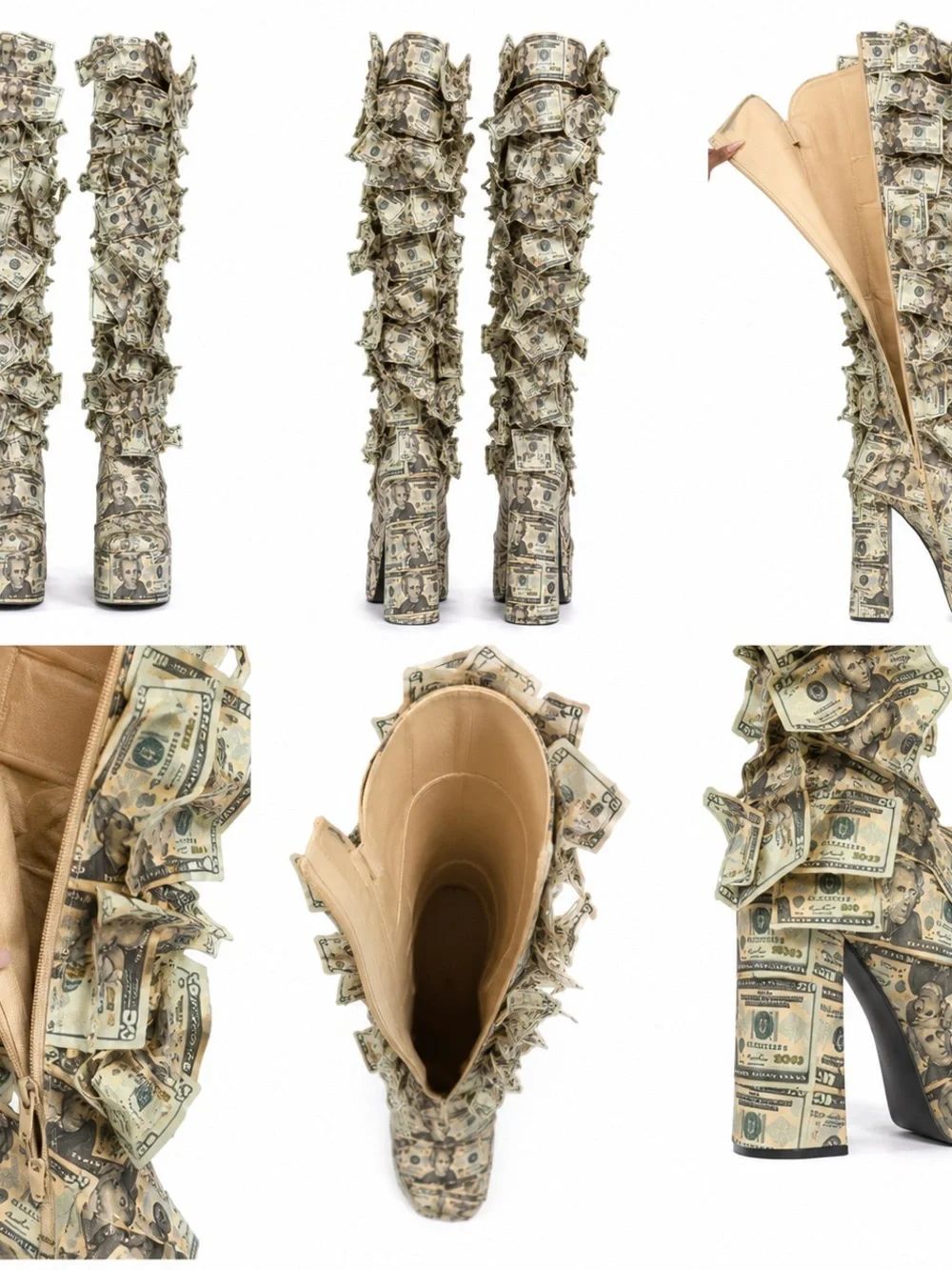 Money Boot Over-the-Knee Money Print Platform Boots - Green/Beige